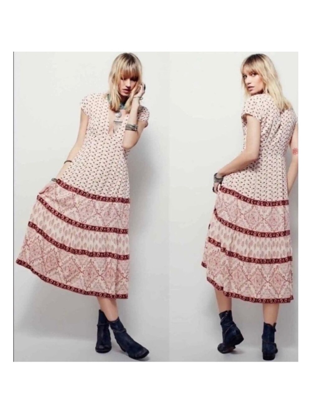 Free People Blush Pink Bella Note Tiered Midi Dress